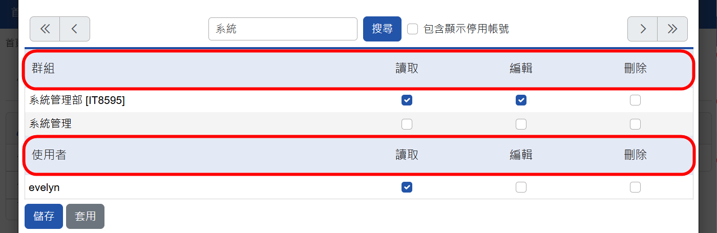 存取權限設定畫面