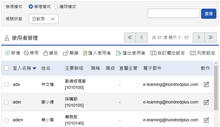 新增使用者完成後之頁面示例