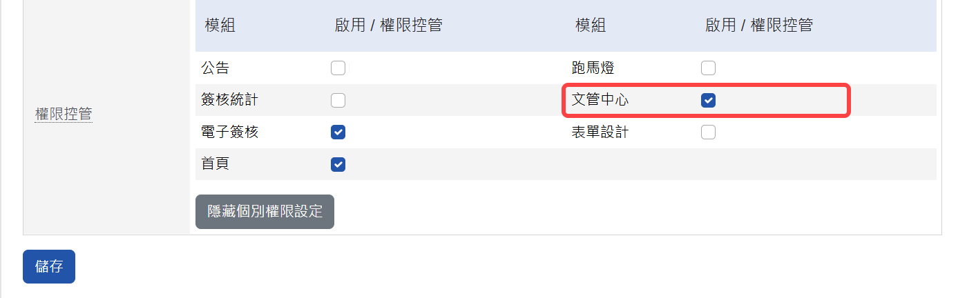 文管中心模組開放使用設定畫面