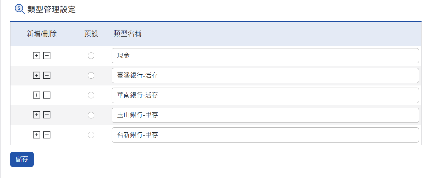 帳務管理類型管理設定頁面