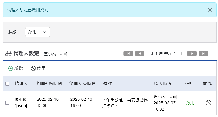 代理人已啟用