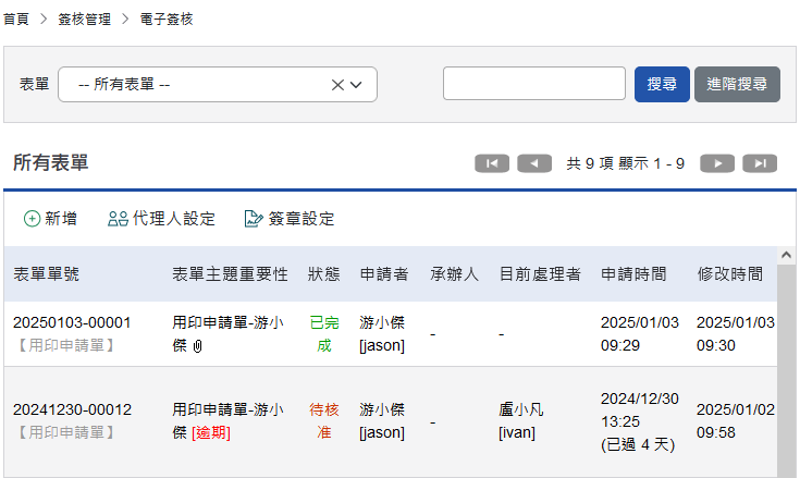 依據簽核狀態顯示表單列表區