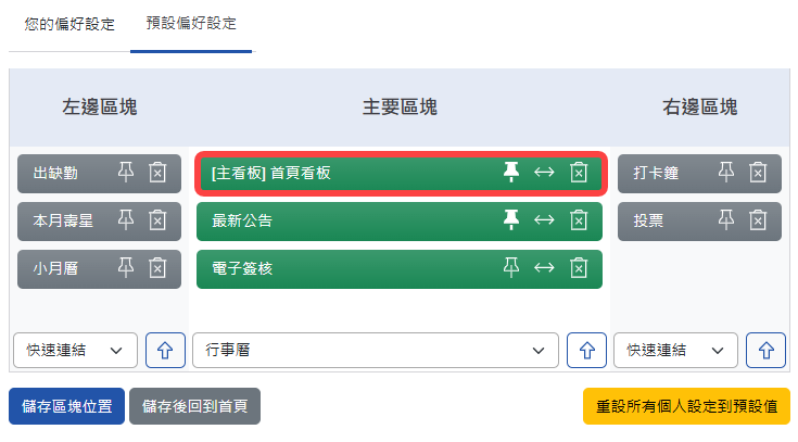 首頁預設偏好設定之編輯頁面