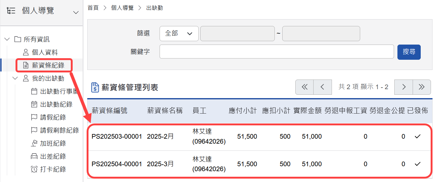 個人資訊的薪資條紀錄