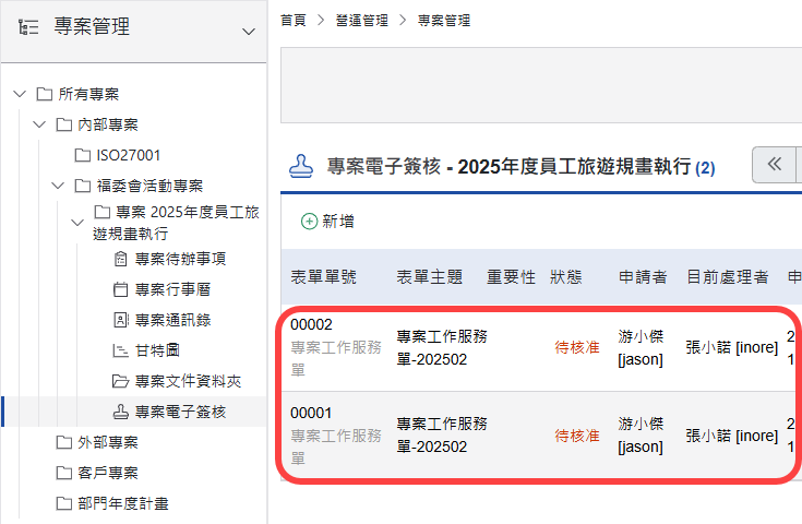 檢視專案電子簽核列表