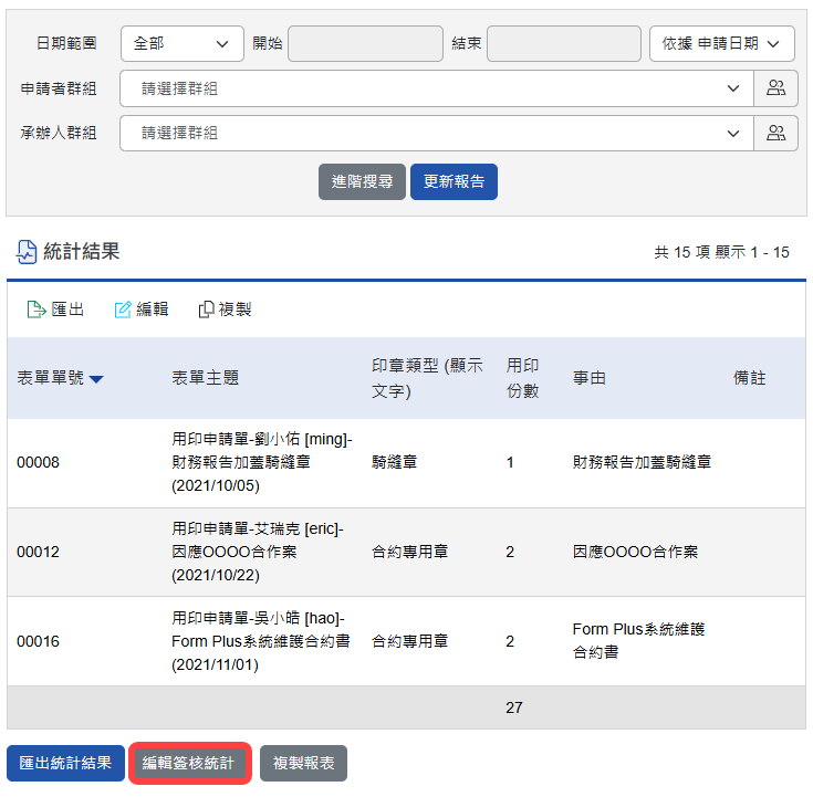 簽核統計列表編輯簽核統計鈕