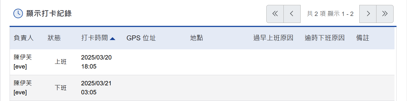 個人資訊中的打卡鐘打卡紀錄頁面(跨天打卡)
